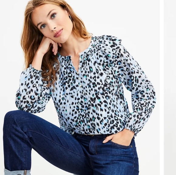 NWOT LOFT blue animal print smocked blouse top Womens Large - Picture 3 of 8
